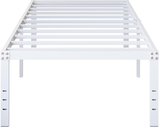 18 Inch White Twin Bed Frame Heavy Duty No Box Spring Needed Metal Platform with Maximum Storage, Easy Assembly, Noise Free