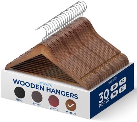SereneLife 30 Pack Wooden Clothes Hangers – Heavy Duty Wood with Non-Slip Notches, 360° Swivel Chrome Hook & Pants Bar – Vintage Finish Suit Coat Hangers for Closet Organization