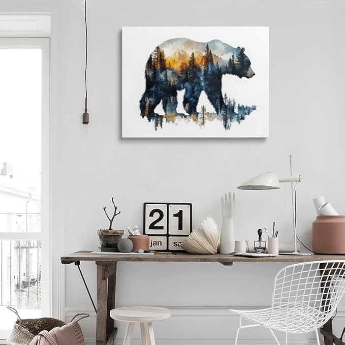 Bear Silhouette Forest Landscape Canvas Wall Art Framed Print Watercolor Painting Nature Wildlife Wall Decor Artwork Poster Sunset Colors Mountain Tree for Living Room Bedroom Office 12x16 Inches