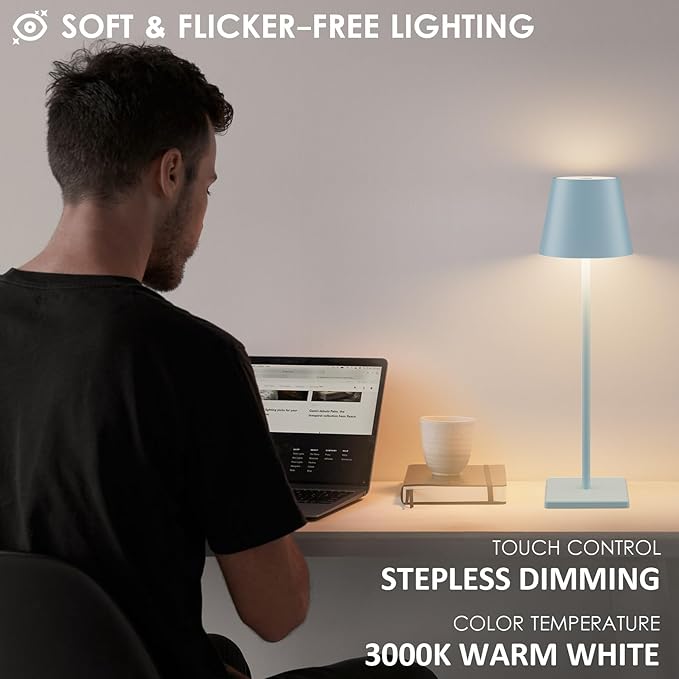 2 Packs Rechargeable LED Table Lamp,Outdoor Cordless Table Lamp Waterproof Portable, Stepless Dimmable Modern Lamp for Restaurant/Bedroom/Outdoor (Blue)