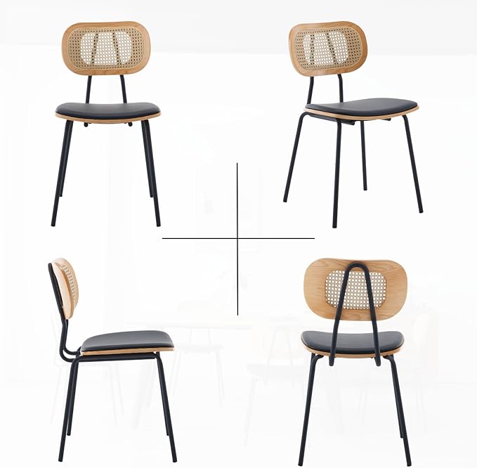 HEAH-YO Modern Dining Chairs Set of 4, Upholstered Faux Leather Dining Room Chairs with Rattan Backrest and Metal Legs, Armless Kitchen Chairs for Dining Room, Black