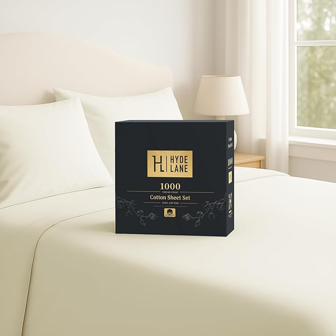Hyde Lane Luxury 1000 Thread Count 100% Cotton Sheets | Very Soft & Thick - Fits Upto 20" Mattress | Sateen Weave Bed Sheets 18" Deep Pocket- 4 PC Sheet Set (Ivory/Cream, Split King)