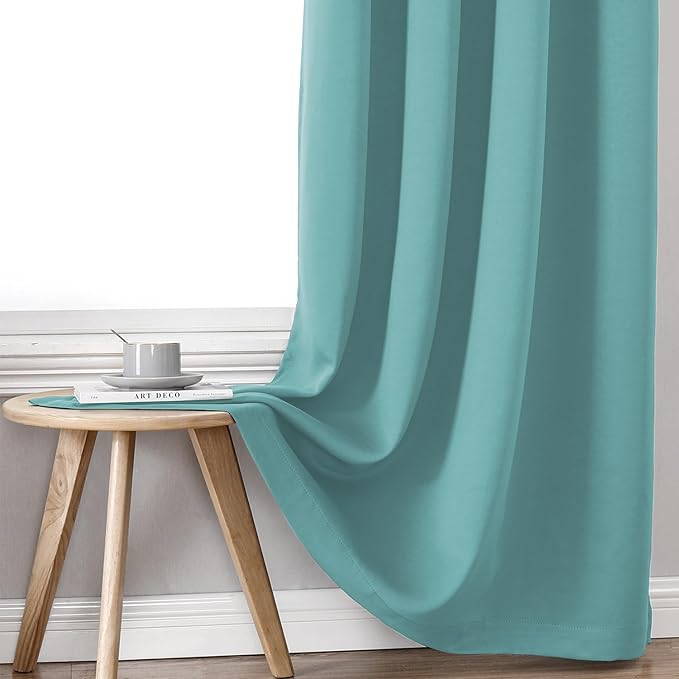 ChrisDowa 100% Blackout Curtains 63 inch Long for Bedroom with Black Liner, 2 Thick Layers Total Blackout Thermal Insulated Grommet Window Curtains 2 Panels Set (Aqua, 42 x 63 Inch)
