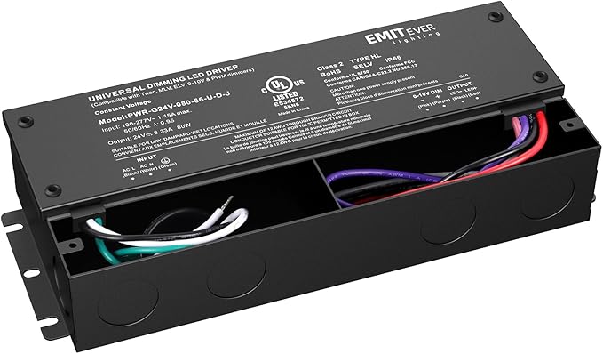 EMITEVER Dimmable Led Driver, 80W AC 110V-277V to DC 24V Transformer, 5-in-1 Dimming: ELV/MLV/TRIAC / 0-10V / 1-10V / 10V PWM/Potentiometer,Class 2,Waterproof IP67 and UL Listed,Class 2