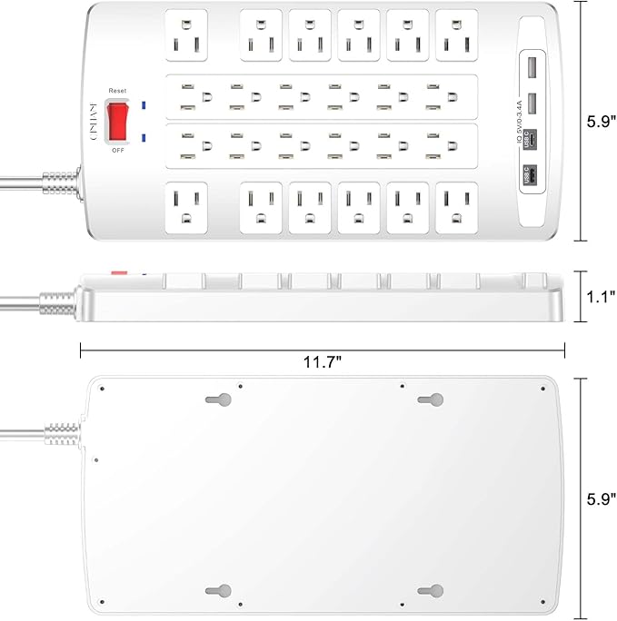 QINLIANF Surge Protector Power Strip - 6Ft Flat Plug Heavy Duty Extension Cord with 24 Outlets and 4 USB Ports(2 USB-C Ports), 1875W/15A, 4100J, for Home, Office, Dorm, ETL Listed, White