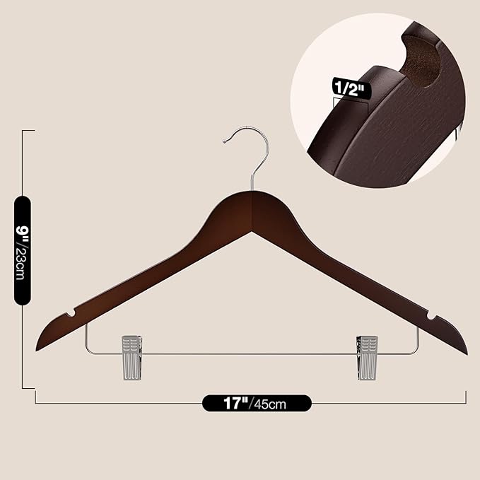 Wooden Hangers with Clips 24 PCS Pant Hangers with Clips,Smooth Solid Wooden Pants Hangers,360 Swivel Hooks & Adjustable Clips,for Jeans,Skirt,Suit,Shorts,Scarf.(Walnut)