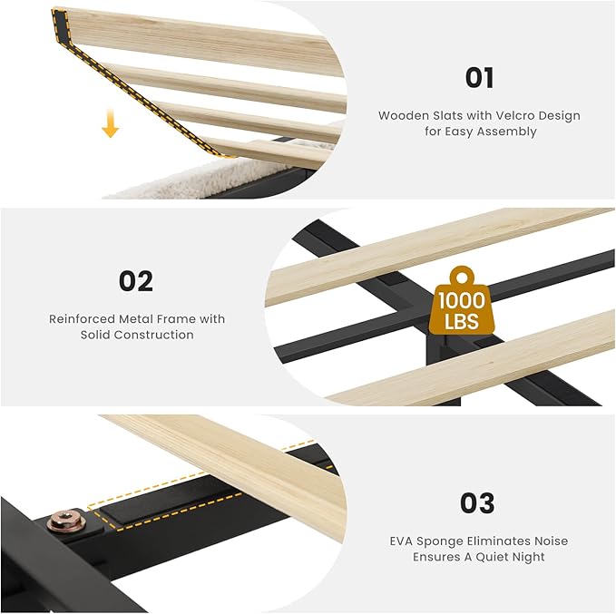 VIAGDO Full Size Bed Frame with Storage Headboard and Charging Station, Boucle Upholstered Bed Frame Full Size with 4 Drawers and LED Lights, Type C and USB, No Box Spring Needed, Cream White