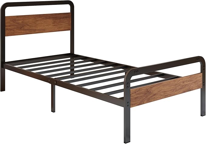 12 Inch Twin XL Bed Frames with Wooden Headboard and Footboard, No Box Spring Needed, Heavy Duty Metal Mattress Foundation, Noise Free, Easy Assembly, Black