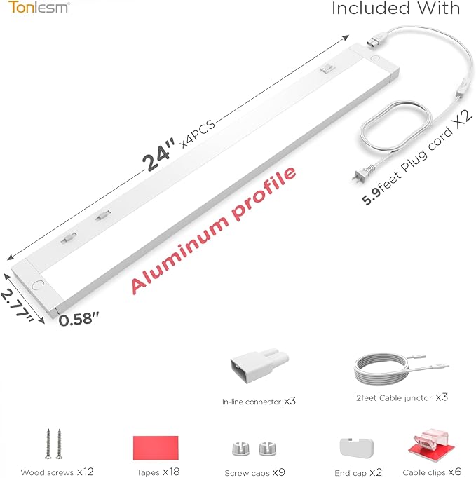 24 Inch Under Cabinet Lighting Plug in, 14W 120V 3 Color 3000K/4000K/5000K, 3 Brightness, Super Bright, Ultra Thin Under Counter Lights for Kitchen, Linkable LED Cabinet Light, White 4Pack