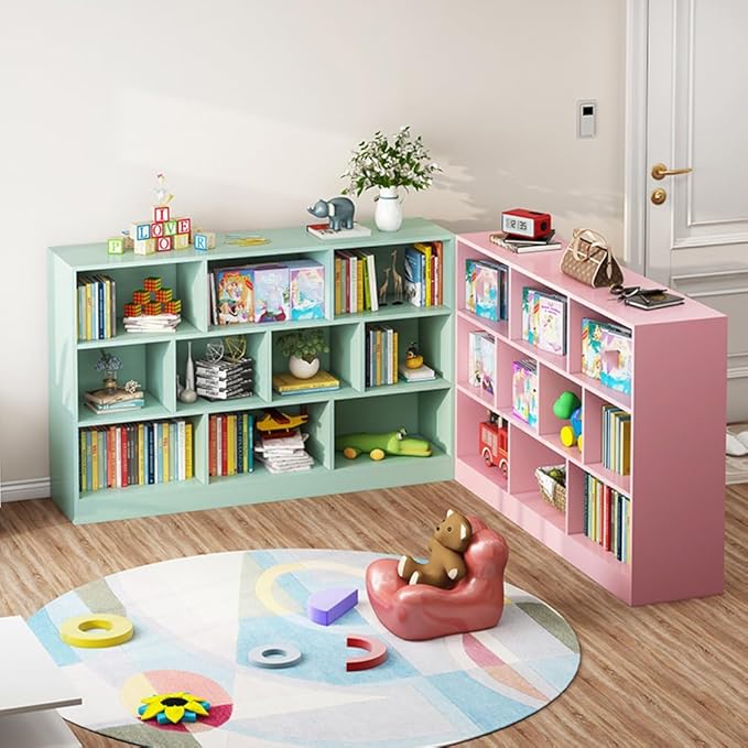 IOTXY Open Shelf Low Bookcase - Wooden 3-Tier Floor Standing Display Cabinet Organizer with Base, 7 Cubes Short Horizontal Bookshelf in Tiffany-Green