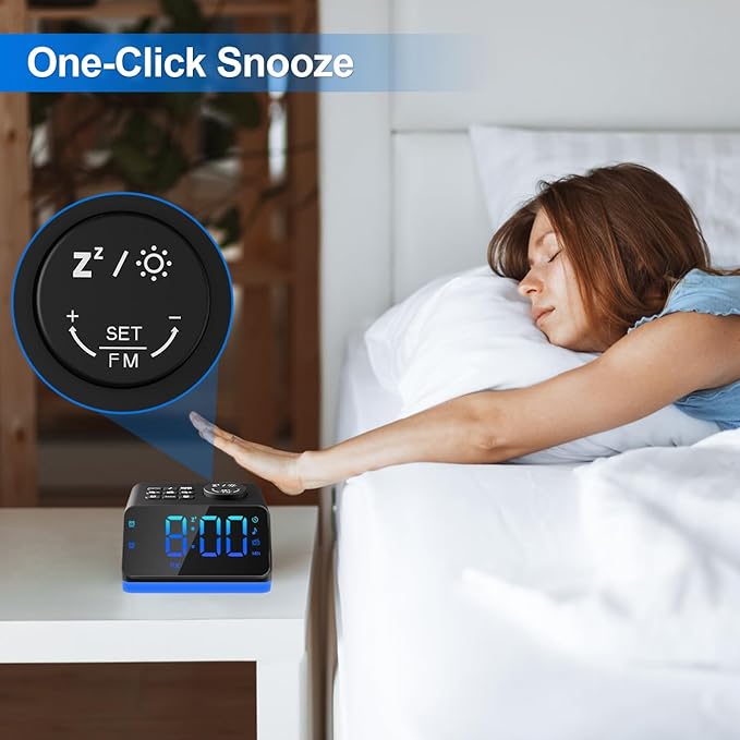 JALL Digital Alarm Clock with FM Radio for Bedroom, 8 Colors Night Light with Charging Port, Sleep Sound Machines with Timer, Dual Alarm (Black with RGB Font)