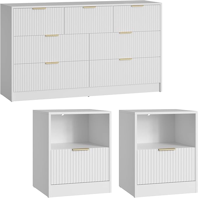 White Dresser & Nightstand Set 3-Piece, Bedroom Dresser with 7 Drawers, Night Stand Set of 2 w/Metal Handle, Fluted Modern Wood Chest of Drawers Storage Dressers Set for Bedroom, White