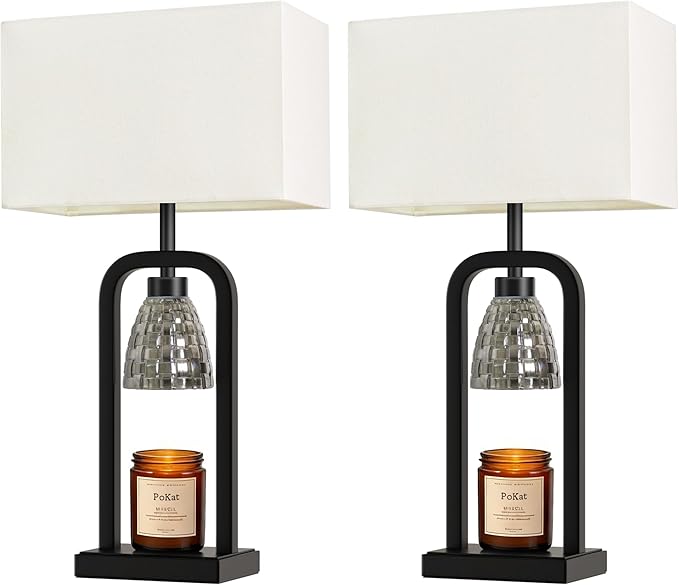 PoKat Table Lamps with Candle Warmer & Timer for Bedroom, Modern Bedside Lamps Set of 2 for Night Stands, 21.5'' Bedroom Lamps Decor for Living Room, Side Table, Hallway, Bulbs Included, Matte Black