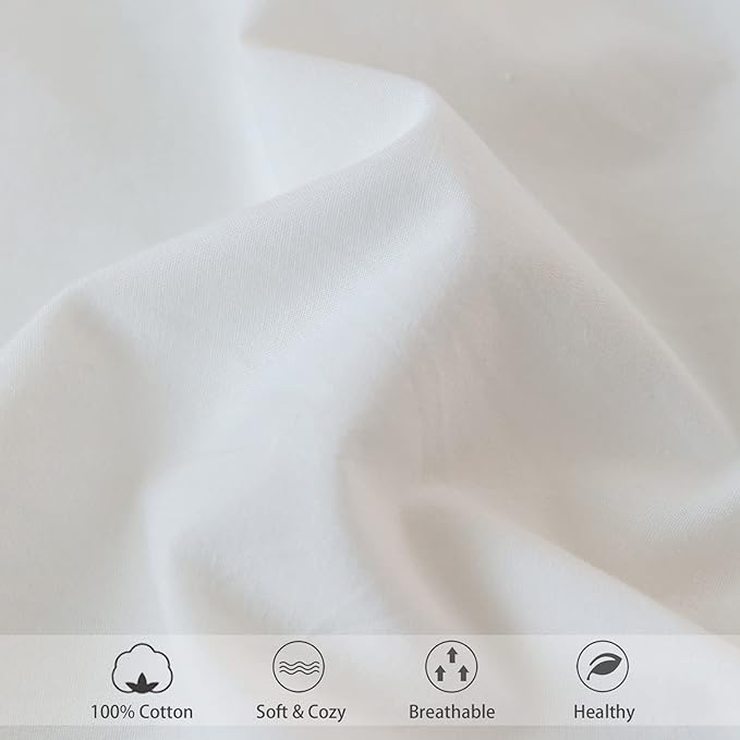 MooMee Fitted Bottom Sheet Only 100% Washed Cotton Linen Like Textured Breathable Durable Soft Comfy Deep Pocket Fits Mattress up to 17" (Off White, Queen)