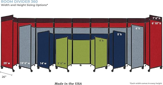 Versare Room Divider 360 Portable Wall Partition | Folding Panels | Large Freestanding Divider | Locking Wheels | Temporary Room Separator | 25' x 7'6'', Cloud Gray
