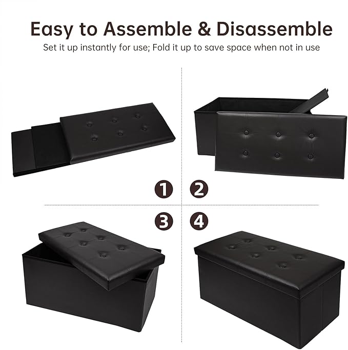 xupersodys 30 Inches Folding Storage Ottoman Bench, Faux Leather Footstool Ottoman, Storage Trunk Footrest for Bedroom, Living Room and Hallway, Support 350lbs, Black(Black line)