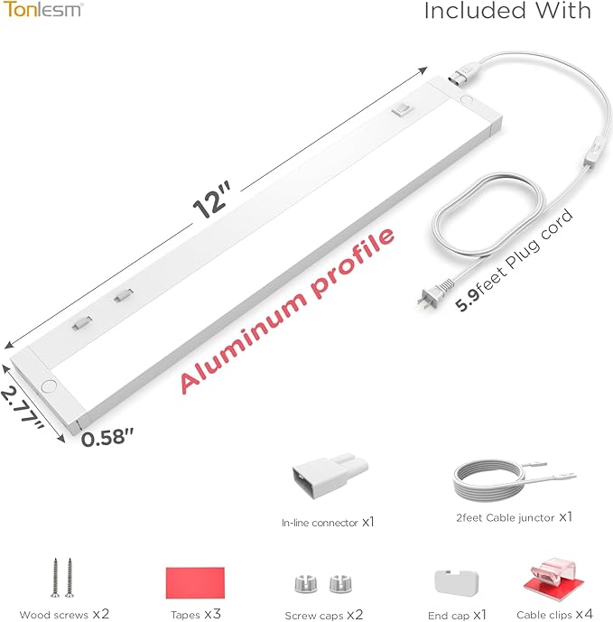 12 Inch Under Cabinet Lighting Plug in, 7W 120V 3 Color 3000K/4000K/5000K, 3 Brightness, Super Bright, Ultra Thin Under Counter Lights for Kitchen, Linkable LED Cabinet Light,White
