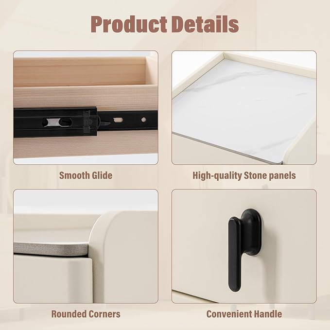 Lamberia Narrow Nightstand with 3 Drawers, Narrow Side Table, Small Bedside Table for Bedroom, Living Room, End Table for Small Space, Cream White,15.8''W x 15.8" D x 23.5" H