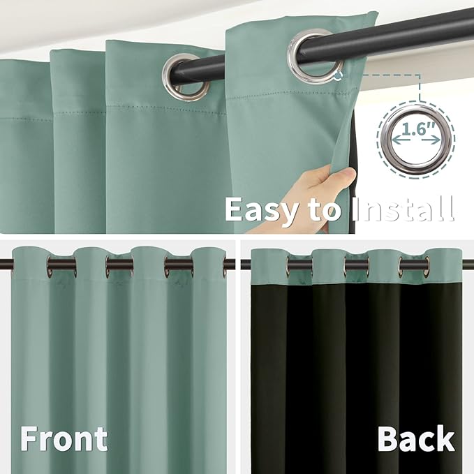 BGment Thermal Insulated 100% Blackout Curtains for Bedroom with Black Liner, Double Layer Full Room Darkening Noise Reducing Grommet Curtain (38 x 84 Inch, Frosty Green, 2 Panels)