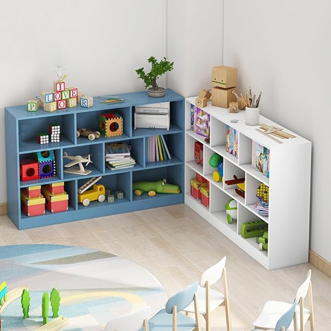 IOTXY Open Shelf Low Bookcase - Wooden 3-Tier Floor Standing Display Cabinet Organizer with Base, 8 Cubes Short Horizontal Bookshelf in Warm White