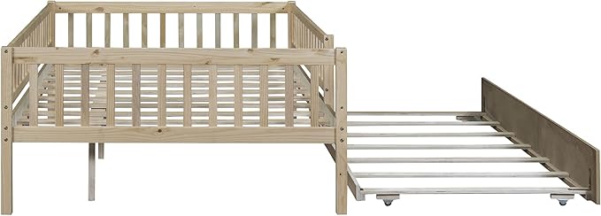 Bellemave Full Size Bed Frames with Rails for Kids, Full daybed Frame with Trundle for Boys/Girls/Adults, Natural