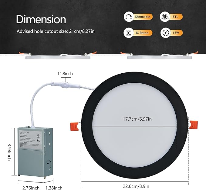 CycevSun 8 Inch 24 Pack LED Black Recessed Lights with Night Light, Canless Wafer Downlight Ultra Thin, Dimmable & 5CCT Selectable, 15W, 1350LM, ETL, 120-277V