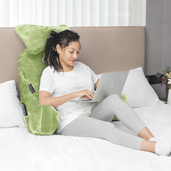 SLIGUY Reading Pillow-Bed Rest Pillow with Detachable Neck Roll & Higher Support Arm for Sitting in Bed Couch or Floor-Backrest Reading Pillow Adult Back Pillow for Reading/Watching TV/Gaming,Green