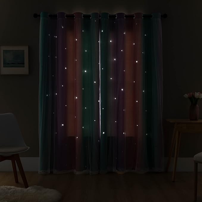 XiDi Dream Star Blackout Curtains for Kids Rooms Girl Princess Curtain for Daughter Bedroom Window (Pink Purple Green, W52 X L72)