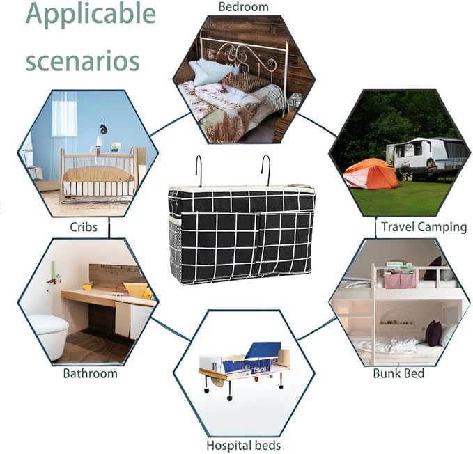 Someteth Bedside Caddy Bedside Hanging Storage Basket Multi-Function Organizer Caddy for Bunk and Hospital Beds Dorm Rooms Bed Rails, Can be Placed Glasses Books Mobile Phones(Black Grid)