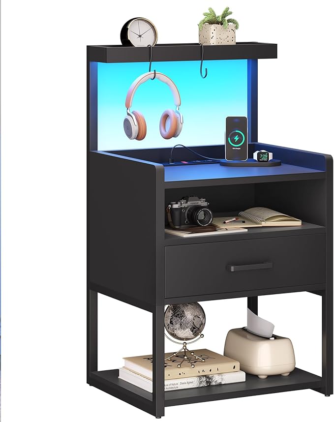 VIAGDO Night Stand Set 2 with Charging Station and LED Lights, Black Night Stand with Drawer, Modern End Side Table with Open Storage Shelves, Bedside Tables for Bedroom, Office