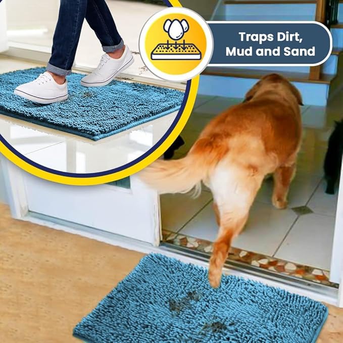 Muddy Mat® | Super Absorbent Door Mat Indoor, Microfiber Quick Dry Chenille Entryway Rug, Non-Slip Front Door Mat, Indoor Mats for Entryway, Machine Washable Pet Rug, Sky Blue 24" x 120"