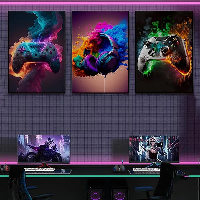 Gaming Room Decor - Wall Art Set of 3, Video Gaming Theme, Unframed 12x16in Canvas Posters for Teen Boys Room