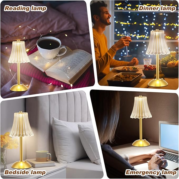 Liliful 4 Pcs Cordless Table Lamp Rechargeable Touch LED Small Gold Portable Battery Operated USB-c Desk Lamp 3 Color Dimmable for Bedroom Living Room Dining (Gold,Rose Style)