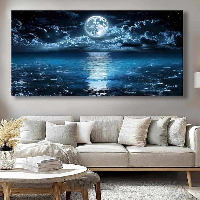 Big Moon Canvas Wall Art - Modern Seascape Paintings for Living Room, Bedroom Wall Decor, Framed Wall Art for Home or Office Decoration, Large Art 60x120cm(24x48in)