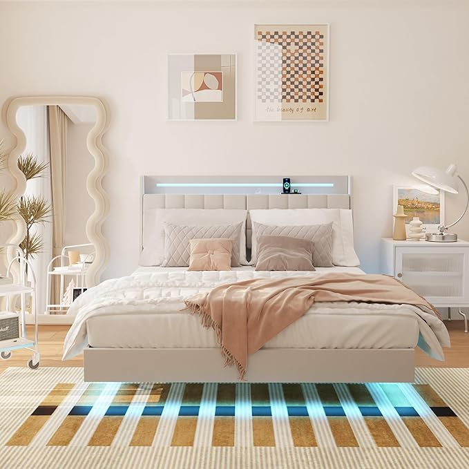 Full Size Floating Bed Frame with LED Lights & Charging Station, Upholstered Platform Bed with Hidden Storage Headboard & Shelves, Space-Saving Modern Bed for Bedroom & Apartment, Beige