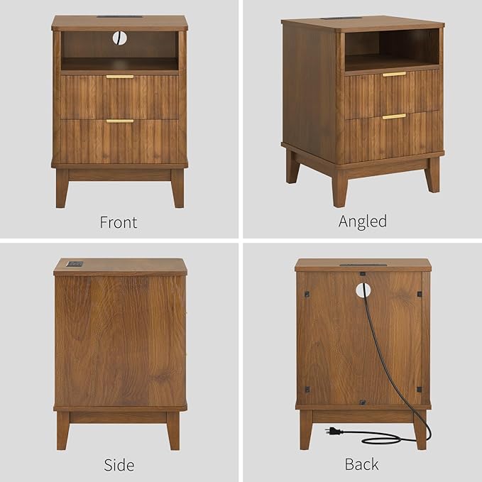 Night Stand Set of 2 with Charger Station, Fluted Nightstand with Drawers and Storage Shelf, Mid Century Modern Bedside Table Nightstands, Large Bed Side Table Wood Night Stands for Bedroom