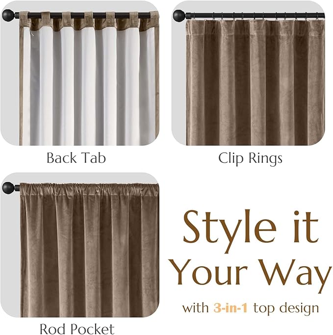 Lazzzy Dark Brown Velvet Blackout Curtains 90 Inches Long Thermal Insulated Blackout Curtain Drapes Luxury Back Tab Window Treatments for Bedroom Living Room 2 Panels, 52 x 90 Inch, Truffle