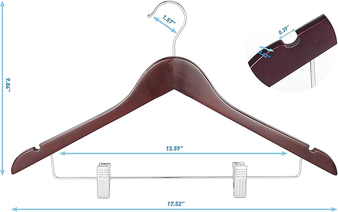 TOPIA HANGER Wooden Suit Hangers with Adjustable Metal Clips (10 Pack), Solid Wood Clothes Hangers, 360° Swivel Hook, Premium Pants Hangers for Clothes Coat, Jeans, Blouse- Cherry CT28M