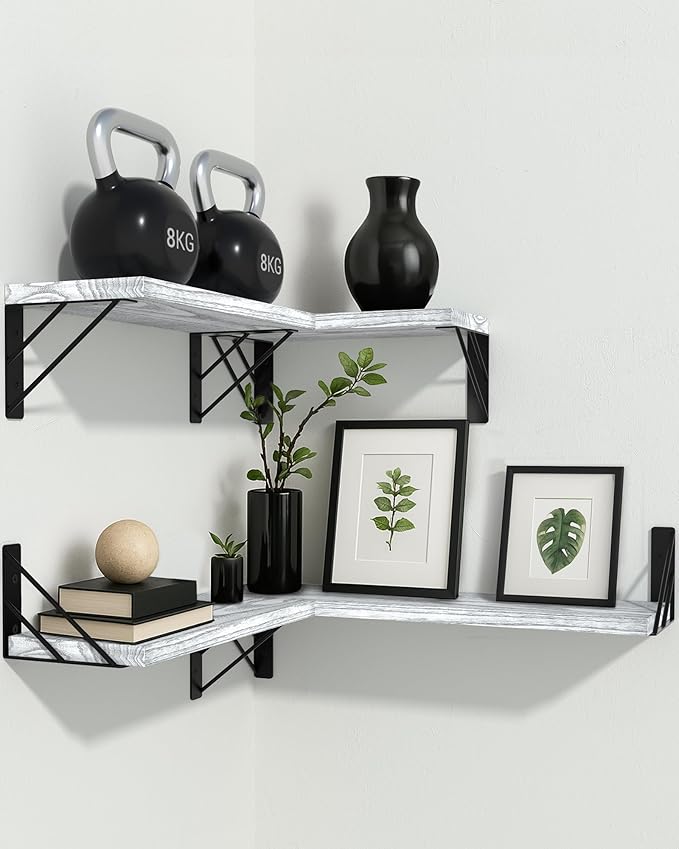 BAYKA Wall Shelves for Bedroom Decor, Floating Shelves for Living Room Kitchen Storage, Wall Mounted Rustic Wood Floating Shelves for Kids Books, Corner Shelf for Bathroom(Gray White,Set of 4)