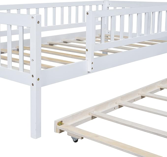 Bellemave Twin Kids Bed Frames with Rails for Kids, Twin daybed with Trundle for Boys/Girls/Adults,White