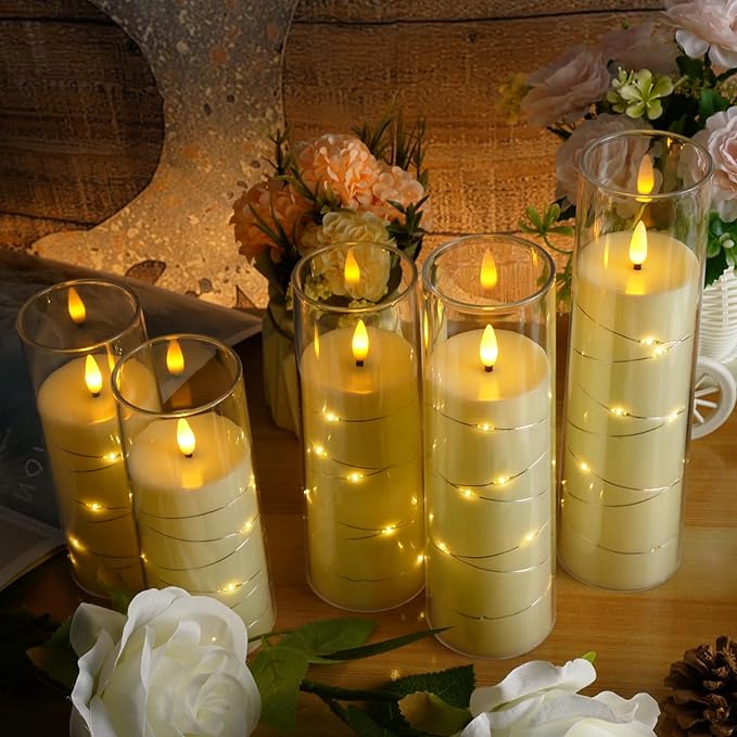 Flameless LED Candles with Timer 5 Pc Flickering Flameless Candles for Romantic Ambiance and Home Decoration Stable Acrylic Shell,with Embedded Star String,Battery Operated Candles(Ivory)