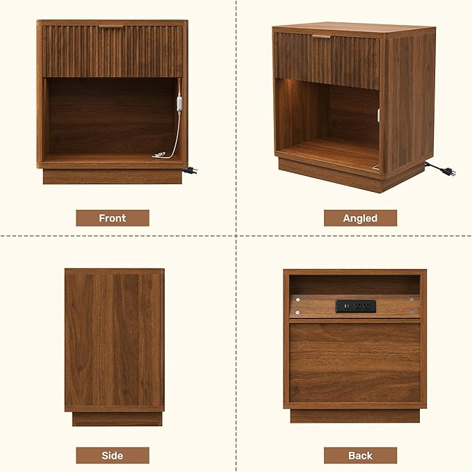 Miereirl Fluted Nightstands with Charging Station, LED Nightstand with Rounded Edge, Walnut-CP-1