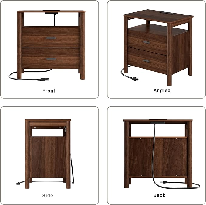 FavourLife Night Stand, 23" Wide Nightstand, Modern Nightstand with Charging Station, 2 Drawer Wooden End Table with Solid Round Post Legs & Open Shelf, Bedside Table w/Storage for Bedroom, Walnut
