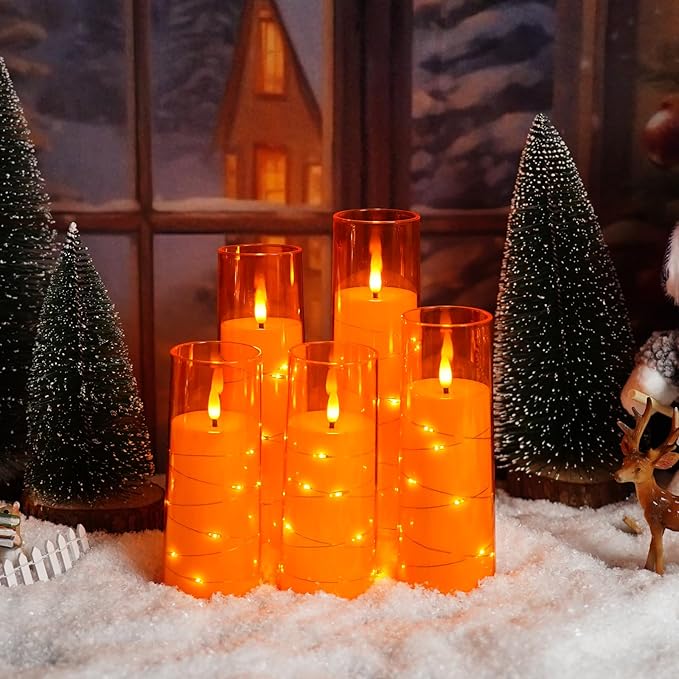 Flameless LED Candles with Timer 5 Pc Flickering Flameless Candles for Romantic Ambiance and Home Decoration Stable Acrylic Shell,with Embedded Star String,Battery Operated Candles(Orange)