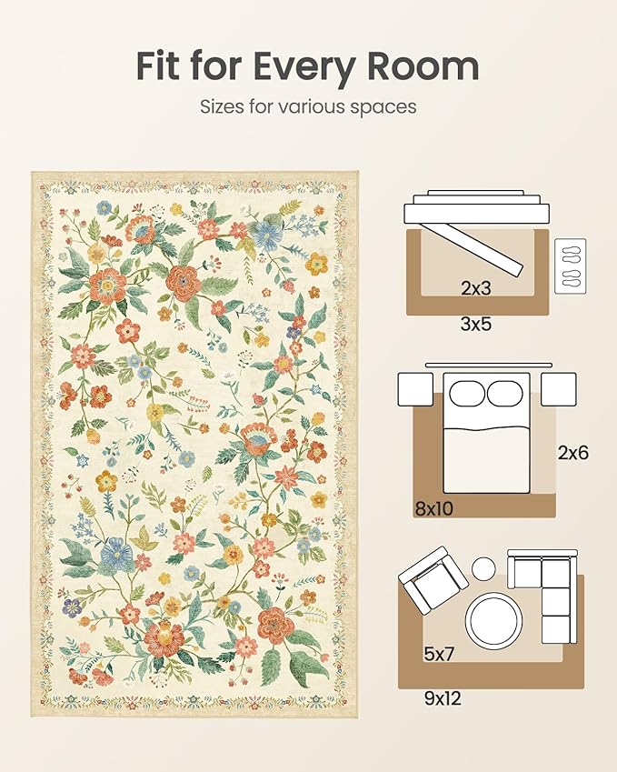 Amada 5x7 Area Rugs, Non-Slip & Low-Profile Living Room Rug with Reinforced Edge Binding, Soft Large Washable Boho Floral Rugs for Living Room, Bedroom, Dining Room