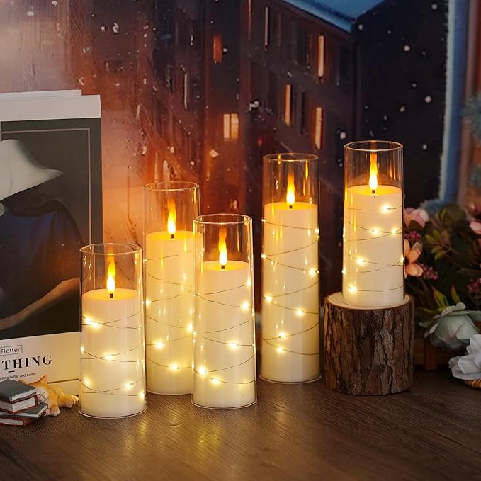 Flameless LED Candles with Timer 5 Pc Flickering Flameless Candles for Romantic Ambiance and Home Decoration Stable Acrylic Shell,with Embedded Star String,Battery Operated Candles(White)