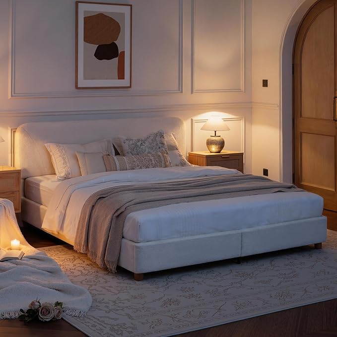 King Size Cloud Bed Frame, Upholstered Boucle Bed Frame with Adjustable Headboard, Solid Wood Legs, Rounded Corners Design & Easy Assembly โ Modern Platform Bed,Cream