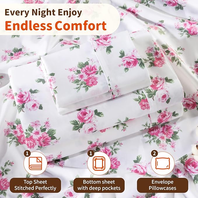 LBRO2M 1000 Thread Count Sheets 100% Egyptian Cotton Bedding Set Floral King Size 16 Inches Deep Pocket Bedding 4 Piece Sets (King, Peony)
