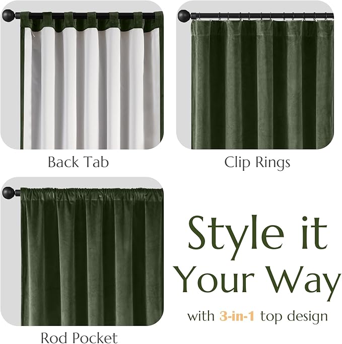 Lazzzy Green Velvet Blackout Curtains 90 Inches Long Thermal Insulated Room Darkening Lined Curtain Drapes Luxury Back Tab Window Treatments for Bedroom Living Room 2 Panels, 52 x 90 Inch, Moss Green
