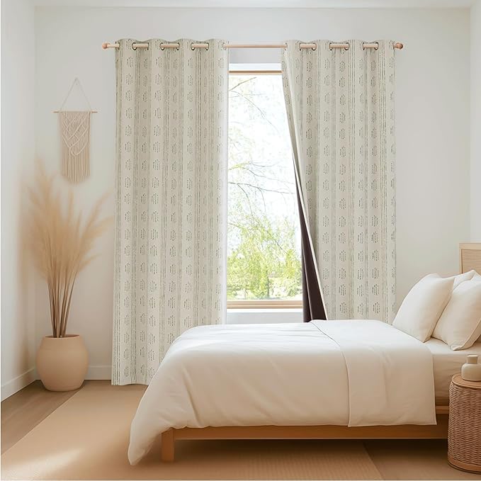 100% Boho Blackout Curtains 72 Inches Long for Bedroom, Green on Beige Patterned Bohemian Curtains for Living Room, Geometric Striped Thermal Insulated Window Drapes Gromment Top 2 Panels